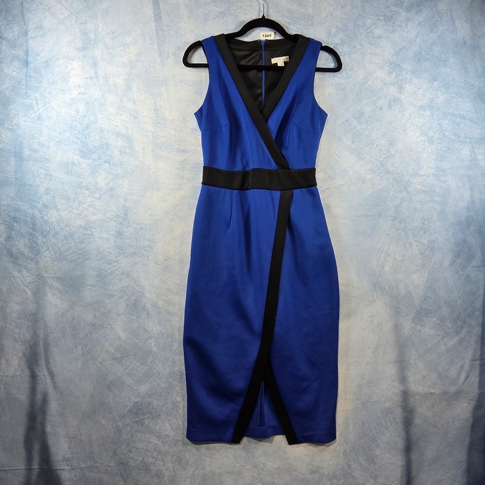 New York & Company‎ Royal Blue Black Trim Wrap V-Neck Sheath Dress Womens XS